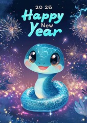 Wall Mural - Happy New Year! Cute snake celebrating with fireworks. AI.