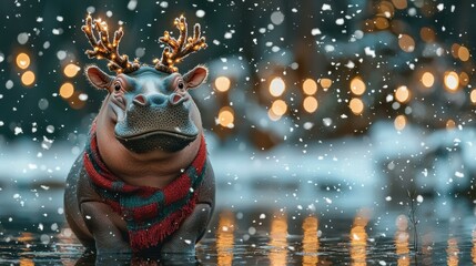 Wall Mural - Festive hippopotamus in the snow. AI.