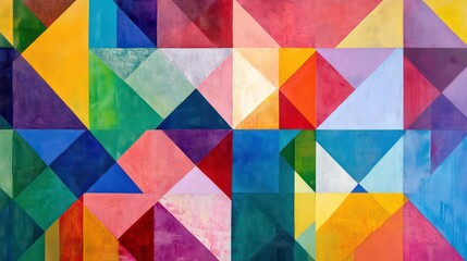 Poster - Vibrant Geometric Mosaic of Interlocking Colorful Triangles and Stripes