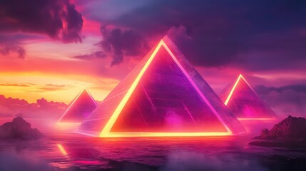 Wall Mural - vibrant neon pyramids illuminate against a dramatic sunset sky, showcasing futuristic architecture.
