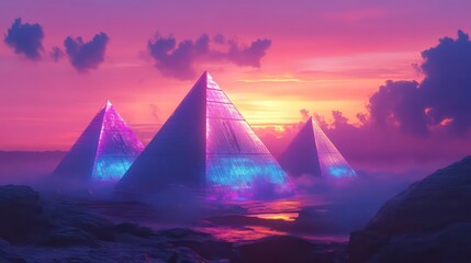 Wall Mural - vibrant neon pyramids illuminate against a dramatic sunset sky, showcasing futuristic architecture.