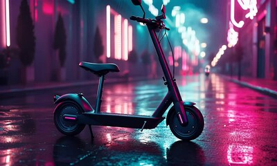 Poster - Electric scooter city night neon wet street travel
