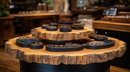Poster - Elegant Log Cross Section Display Featuring Nature-Inspired Jewelry