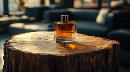 Poster - Captivating Rustic Log Slice with Perfume Bottle Centerpiece