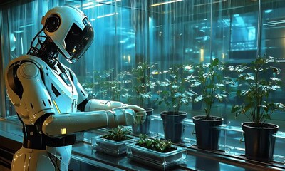 Poster - Robot tending plants in futuristic lab; hydroponics