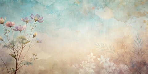 Wall Mural - Pastel Floral Composition on Textured Background A Delicate Arrangement of Blooms and Greenery