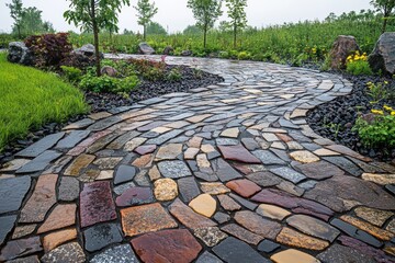 Wall Mural - Curved stone pathway surrounded by greenery and vibrant flowers in a serene outdoor setting