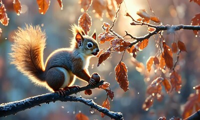 Poster - Winter Squirrel Branch Nut Sunrise Forest