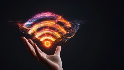 Poster - Hand Holding Vibrant Wireless Signal Wi-Fi Symbol Against Dark Background