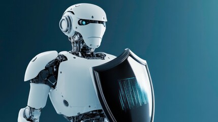 Poster - White robot holding shield protecting data on blue background