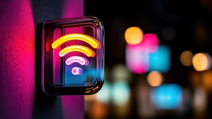 Poster - Neon WiFi Sign in Urban Setting with Colorful Bokeh Background