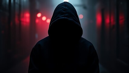 hacker or scammer character in the dark with their face obscured by the hood, standing under dim red