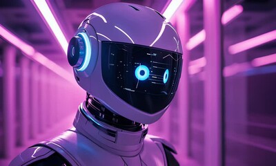 Fototapete - Futuristic robot in neon corridor, AI concept