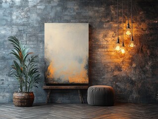 Poster - Minimalist Poster Mock Up with Blank Canvas on Gray Brick Wall and Edison Bulbs