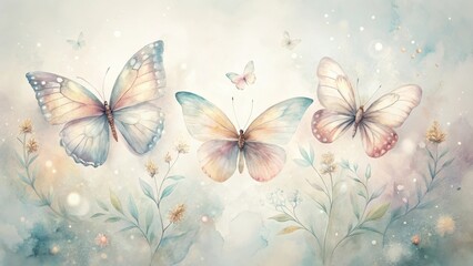 Wall Mural - Serene Watercolor Butterflies Dancing Amongst Delicate Floral Elements on a Dreamy Pastel Background