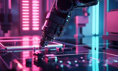 Fototapete - Robotic arm assembling circuit board in neon-lit factory