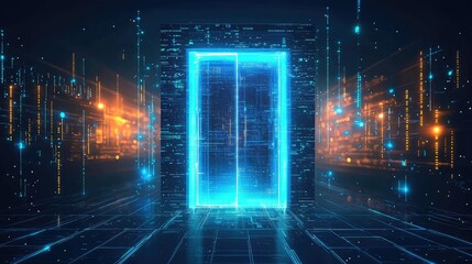 Poster - Futuristic Digital Elevator in a Neon High-Tech Environment