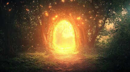 Poster - Enchanted Forest Portal with Glowing Light in Dreamy Imagery