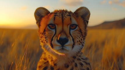 Wall Mural - close-up of a young cheetah's face during sunset in the grassland setting