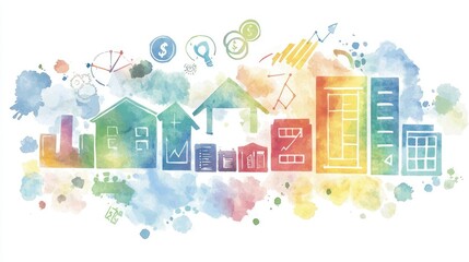 Poster - Colorful Watercolor Illustration of Business and Growth Concepts