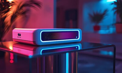 Fototapete - Smart device on glass table, neon room, plant background