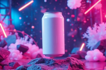 Fototapete - White Can Floating Above Rocks In Neon Light