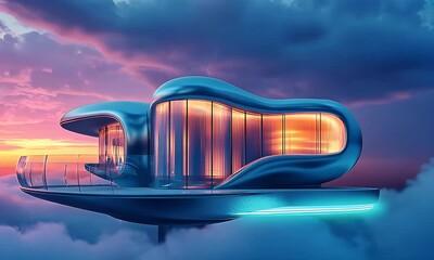 Poster - Futuristic house floats above clouds at sunset