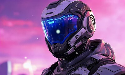 Aufkleber - Futuristic helmet, sunset city backdrop, game art