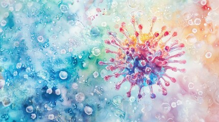 Poster - Colorful Scientific Illustration of Virus with Bubbles in Background