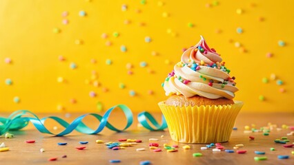 Wall Mural - Colorful birthday cupcake with confetti on yellow background, surrounded by swirling patterns and decorations, party, joyful