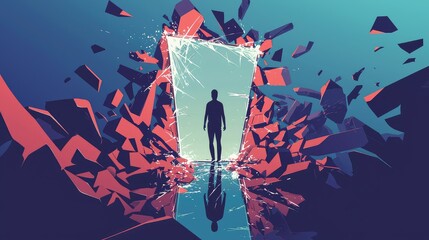 Poster - Surreal Scene of Person Emerging from Broken Portal in Colorful Setting