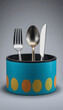 © SusDmi - Health And Wellness Colorful Circular Spoon Fork Knife Box, studio lighting, with white tones