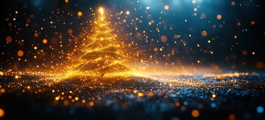 Poster - Glowing Golden Christmas Tree in Dreamy Blue Night