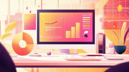Poster - Modern Workspace with Colorful Data Visualization on Computer Screen
