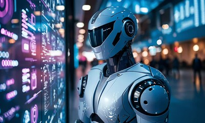 Fototapete - Robot reviewing data screen in futuristic hall