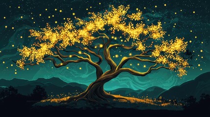 Poster - Glowing Tree with Golden Leaves Under Night Sky Full of Stars