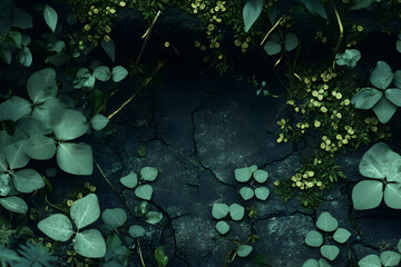 Poster - Lush green plants on cracked earth.  Background texture for design