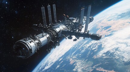Poster - Futuristic Space Station Orbiting Earth in Deep Space Environment
