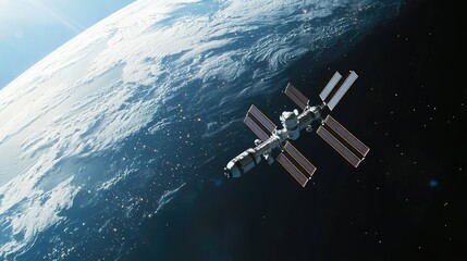 Poster - Space Station Orbiting Earth with Beautiful Blue Planet Background