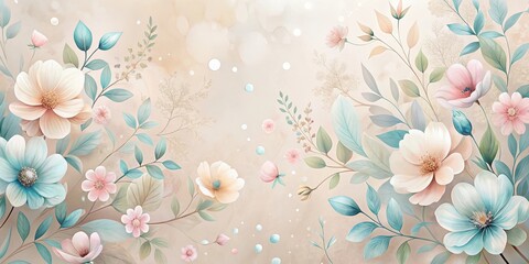 Wall Mural - A Serene Arrangement of Pastel Blossoms and Delicate Foliage on a Soft Beige Background