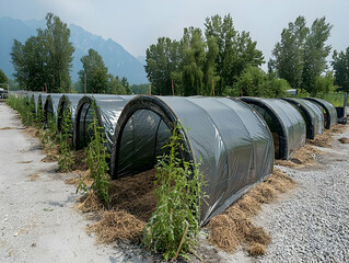 Poster - Row of plant tunnels in mountain valley