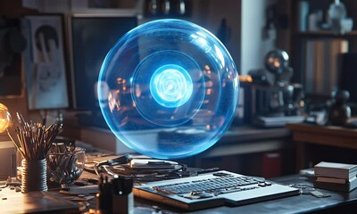 Poster - Holographic Orb above Laptop in Artist's Studio