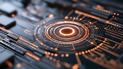 Futuristic Tech Interface, Circuit Board, Orange Glow, Data Processing, Abstract Background