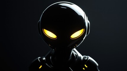 Poster - Mysterious Robot Figure with Glowing Yellow Eyes in Dark Setting