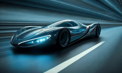 Poster - Futuristic car speeding through tunnel, motion blur