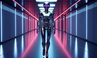 Poster - Futuristic Robot Walking Neon Corridor