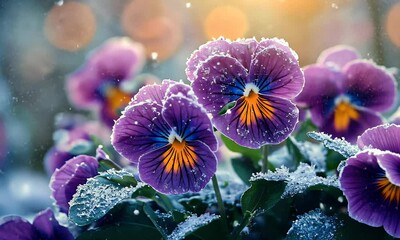 Poster - Frosty pansies bloom winter garden bokeh