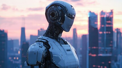 Poster - Futuristic humanoid robot standing against a city skyline at sunset