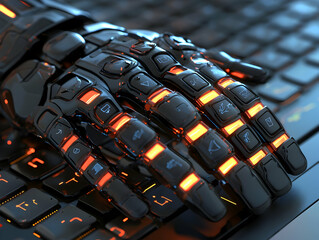 Poster - Robotic hand typing on keyboard; futuristic tech