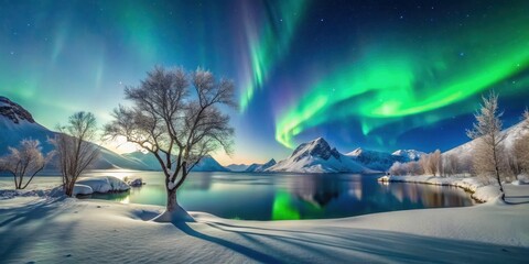 snowy trees in lofoten islands with northern lights, northern lights, frozen lake